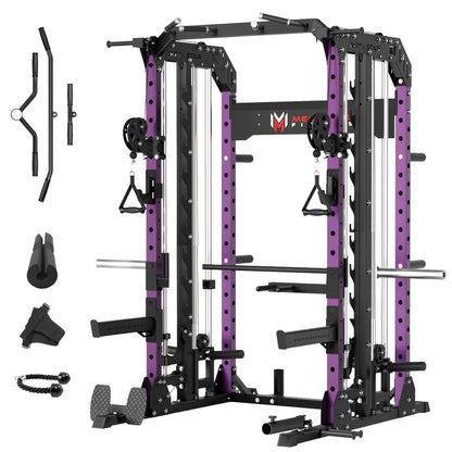 Smith Machine for Home Gym - 2000lbs Capacity All-in-One Power Rack with Cable Crossover, Pull-Up Bar & Dip Station, Includes 18 Attachments
