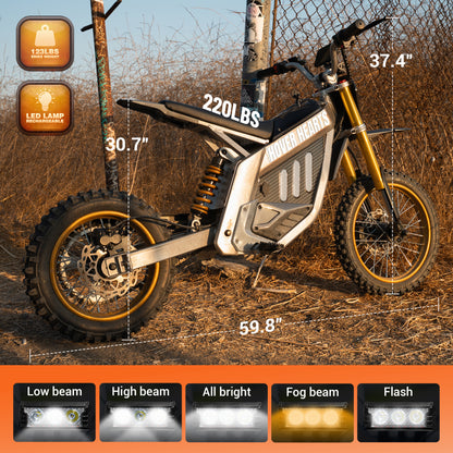 Powerful 3000W Electric Dirt Bike for Adultsand Teens, All-Terrain Off-Road Motorcycle - 8-inch alloy wheels, heavy-duty frame, LEDheadlights, 250 lbs maximum load, suitable fordrifting and off-road riding