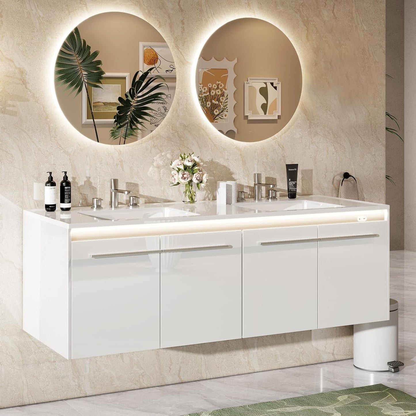LED Floating Bathroom Double Vanity with Sink Combo, Modern High Gloss Wall Mounted Bathroom Storage Cabinet with 3 Hole Sink&& Metal Handles& Soft Closing Doors