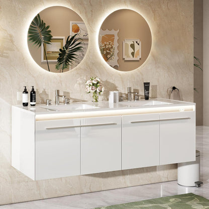 LED Floating Bathroom Double Vanity with Sink Combo, Modern High Gloss Wall Mounted Bathroom Storage Cabinet with 3 Hole Sink&& Metal Handles& Soft Closing Doors
