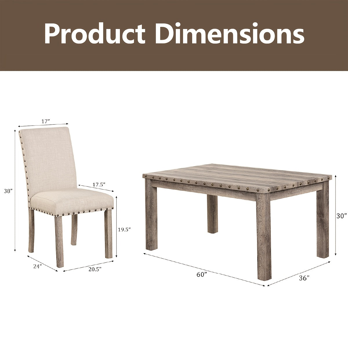 Morden Fort Rustic Dining Table Set, Farmhouse Kitchen Dining Chairs, Charming 60" Rectangular Wooden Table& Upholstered Chair With Nailhead Accents For Dining Hub, Breakfast Nook