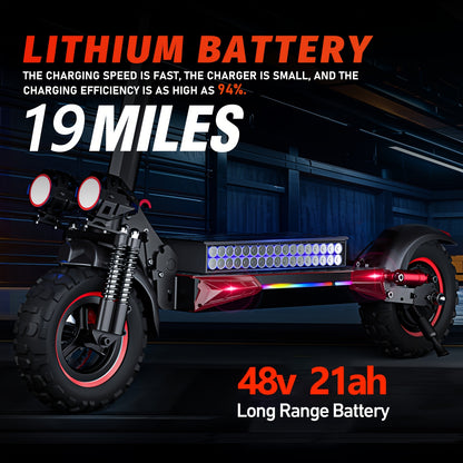 Folding Electric Scooter, 700W Motor, 19 MPH Top Speed, 11-Inch Large Tires, 31-Mile Range, Single Drive, Black and Red, with LED Lights and Seat