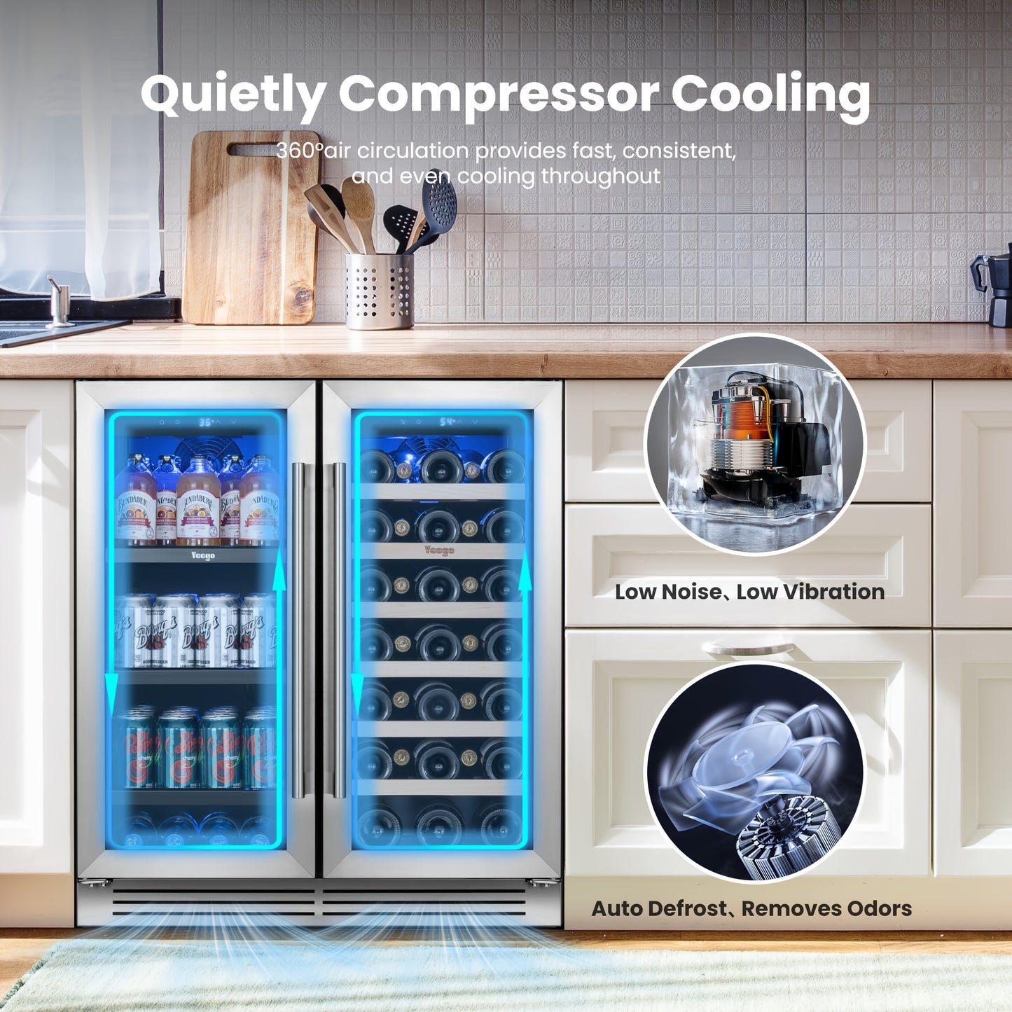 Yeego Wine And Beverage Refrigerator, 30 Inch Dual Zone Wine & Beverage Cooler, 33 Bottles & 80 Cans, Freestanding/Built-in Glass Door with Digital Control & Blue LED Display, 36-72°F Double Door Wine Refrigerator, Ideal for Bar/Home/Restaurant
