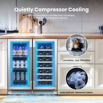 Yeego Wine And Beverage Refrigerator, 30 Inch Dual Zone Wine & Beverage Cooler, 33 Bottles & 80 Cans, Freestanding/Built-in Glass Door with Digital Control & Blue LED Display, 36-72°F Double Door Wine Refrigerator, Ideal for Bar/Home/Restaurant