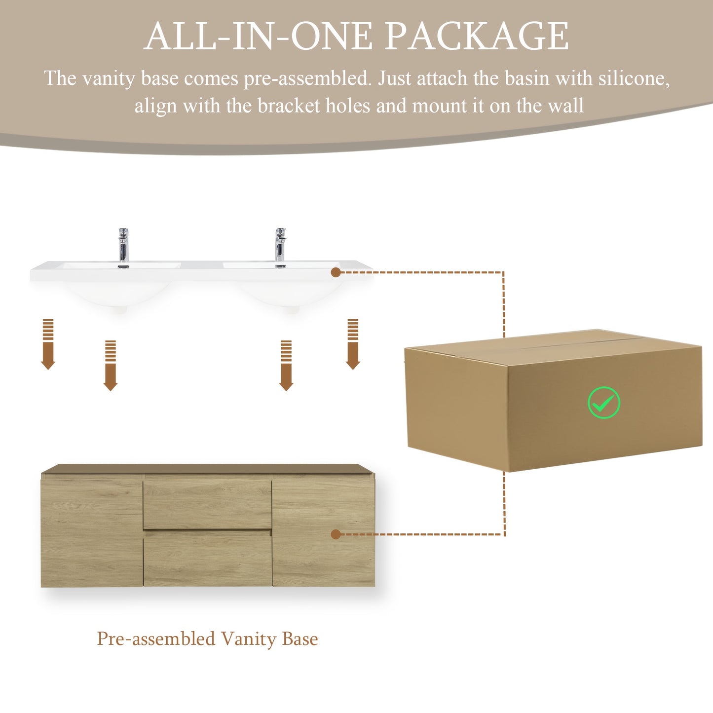 60" Modern Floating Wall-Mounted Bathroom Vanity with Double Sink - Natural Oak Wood, Large Storage & Soft-Close Drawers, One-Piece White Resin Countertop Sink, Space-Saving Design, Easy Install (Faucet/Drain Not Included)