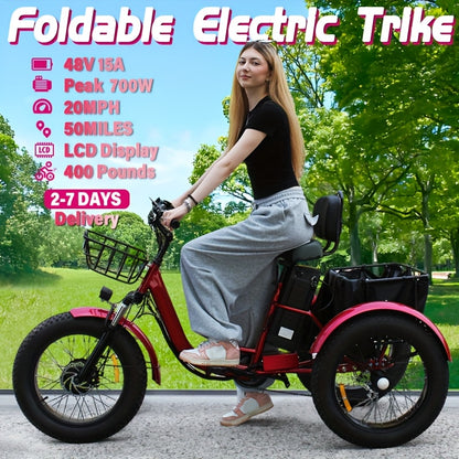 700W Foldable Electric Tricycle for Adults, 48V 15AH Removable Battery, Max Speed 20 Mph, 20" X 4.0" Fat Tire Electric Trike, 7-Speed Electric Trike for Adults,