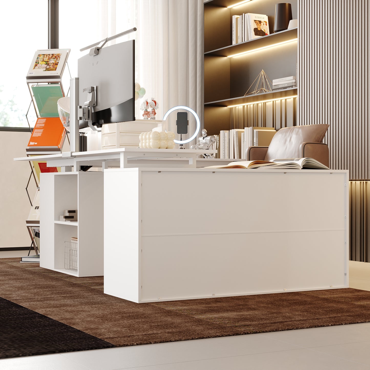 Electric Height Adjustable Standing Computer Desk With Open Storage Shelves, Adjustable Height Office Desk With With Drawer, Administrative Corner Desk, Modern Design, White