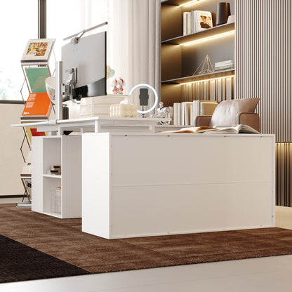 Electric Height Adjustable Standing Computer Desk With Open Storage Shelves, Adjustable Height Office Desk With With Drawer, Administrative Corner Desk, Modern Design, White