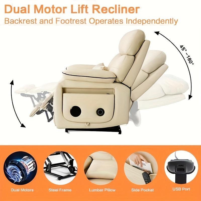 Infinite Position Electric Lift Recliner with Wireless Charger and Cup Holder, Vibration Massage and Heating, Genuine Faux Leather, Beige, Brown Silvery Gray Color Optional