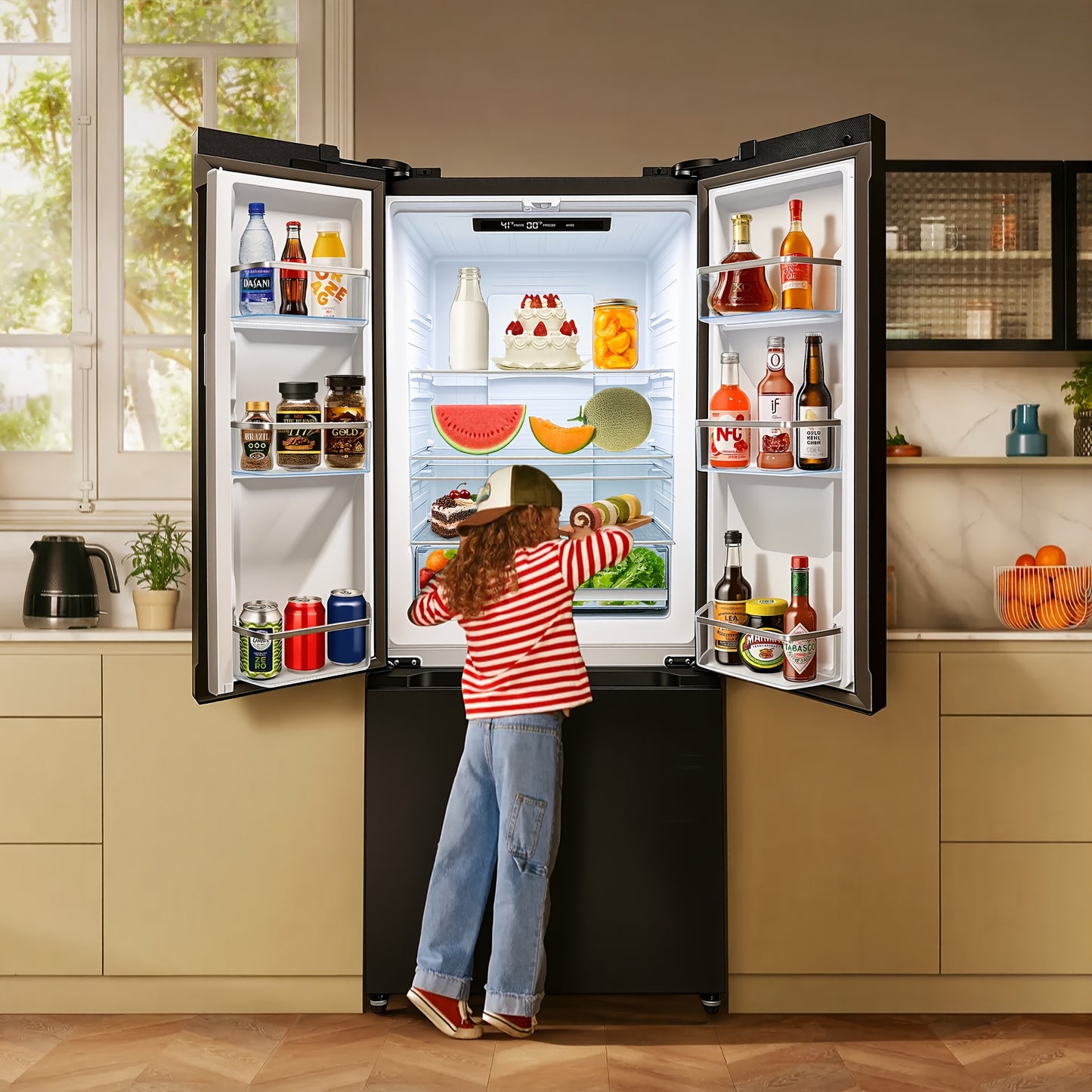 17.7cu Counter-Depth French Door Refrigerator | 17.7 Cubic Feet Capacity, Three-Door Design, Stainless Steel, Adjustable Thermostat, Automatic Defrost