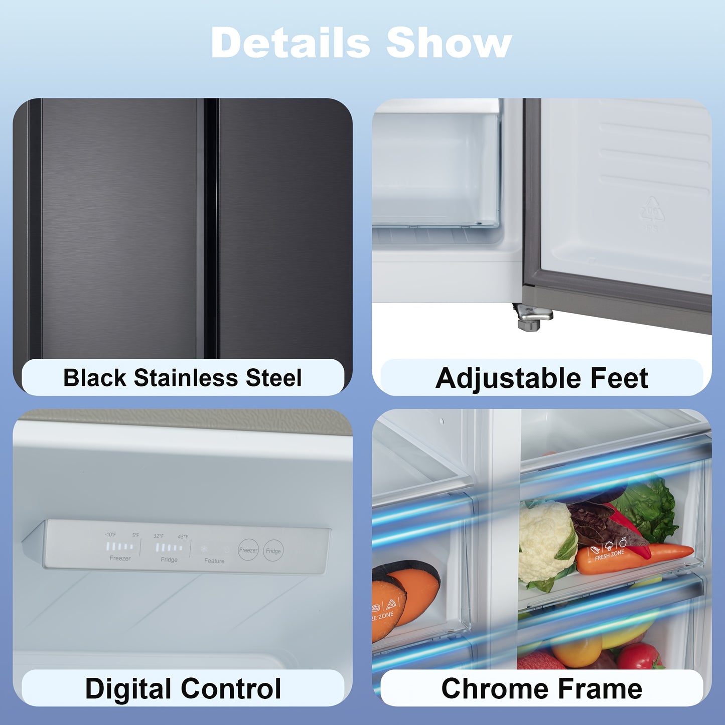 Iceblue 15.6 Cu. Ft. Black Stainless Steel Side-By-Side Refrigerator - Independent Left Freezer And Right Fridge Temperature Control