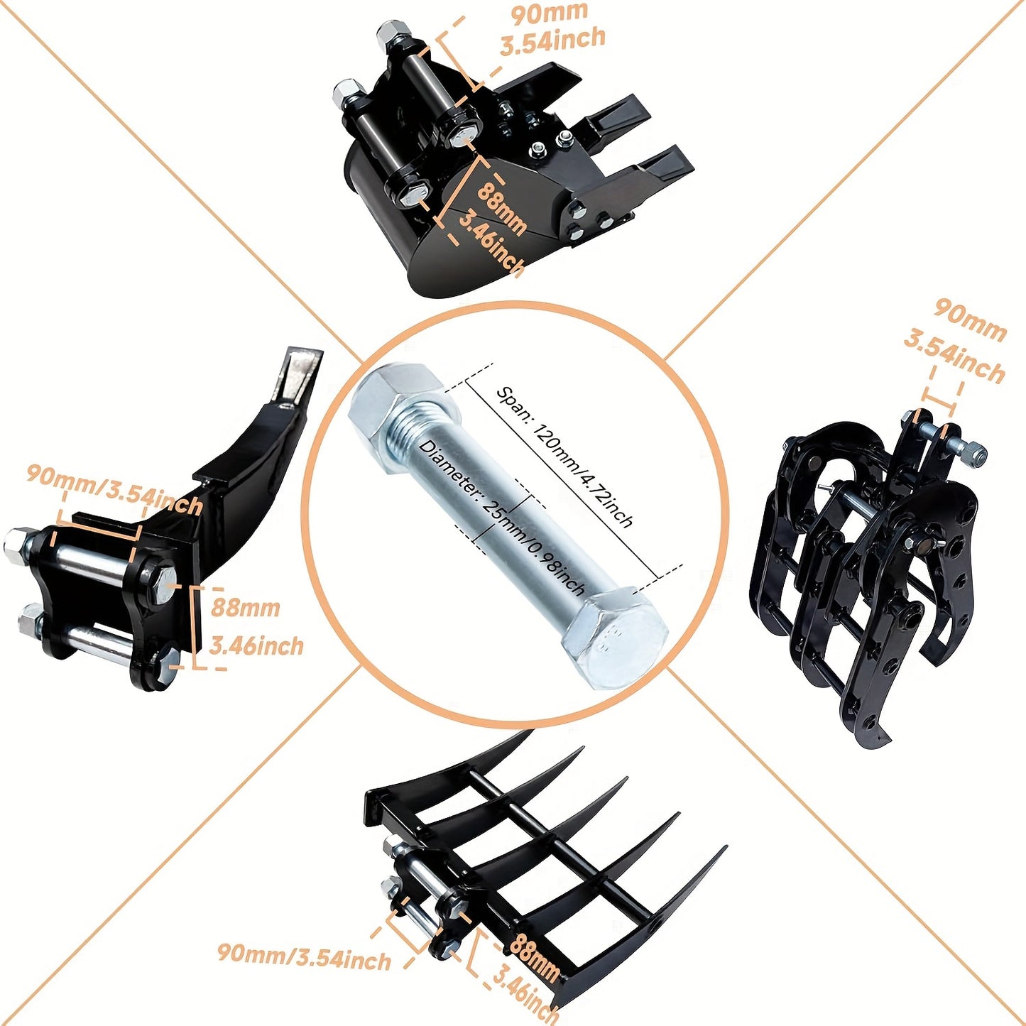 Set of 8 Mini Excavator Attachments Including Quick Hitch, Narrow Bucket, Ripper, Rake, Auger, Grapple, And Screening Bucket for Small Diggers, Available in USA Stock