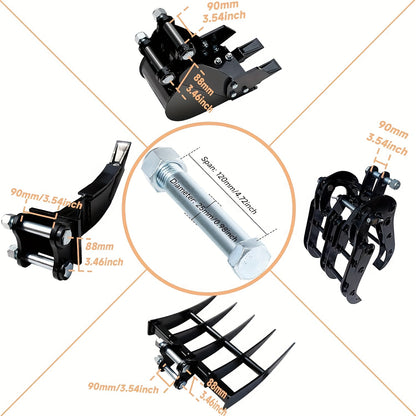 Set of 8 Mini Excavator Attachments Including Quick Hitch, Narrow Bucket, Ripper, Rake, Auger, Grapple, And Screening Bucket for Small Diggers, Available in USA Stock