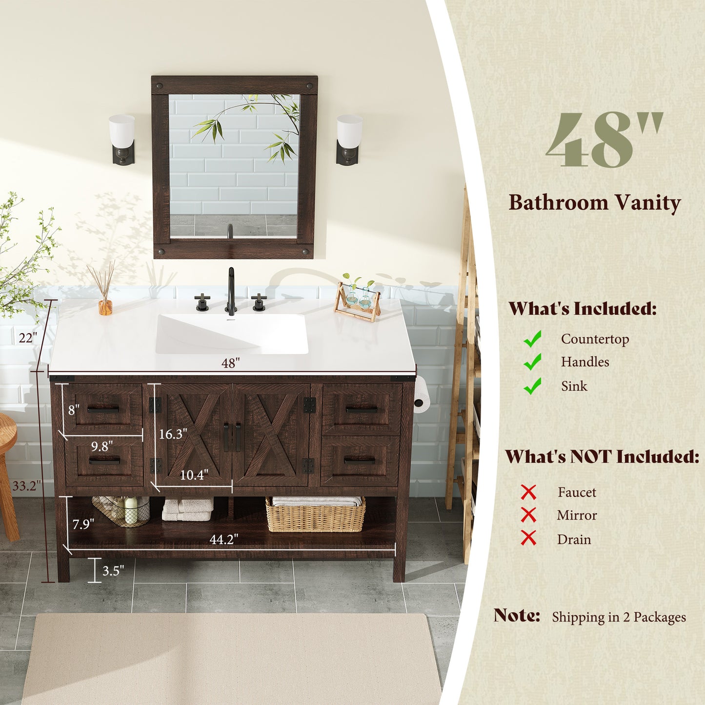 48 Inch Modern Farmhouse Bathroom Vanity with Barn Door Cabinet & 4-Drawer Storage - & Wood Tone Freestanding Sink Unit, Engineered Wood/MDF Suitable for Bathrooms
