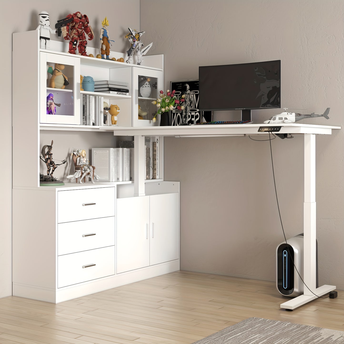Electric Height Adjustable Computer Desk With 3 Drawers, 1 Cabinet & 2 Open Shelves, L-shaped Computer Desk With Glass Doors & Open Counter, Study Writing Table, For Office, White