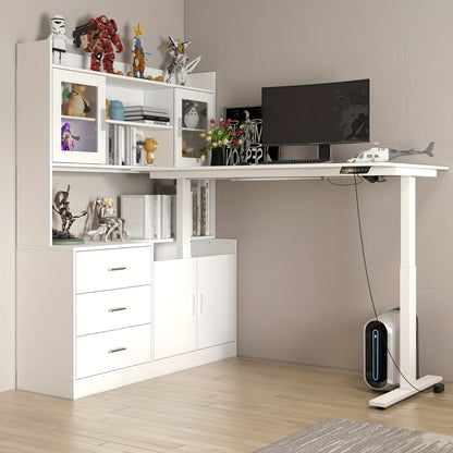 Electric Height Adjustable Computer Desk With 3 Drawers, 1 Cabinet & 2 Open Shelves, L-shaped Computer Desk With Glass Doors & Open Counter, Study Writing Table, For Office, White