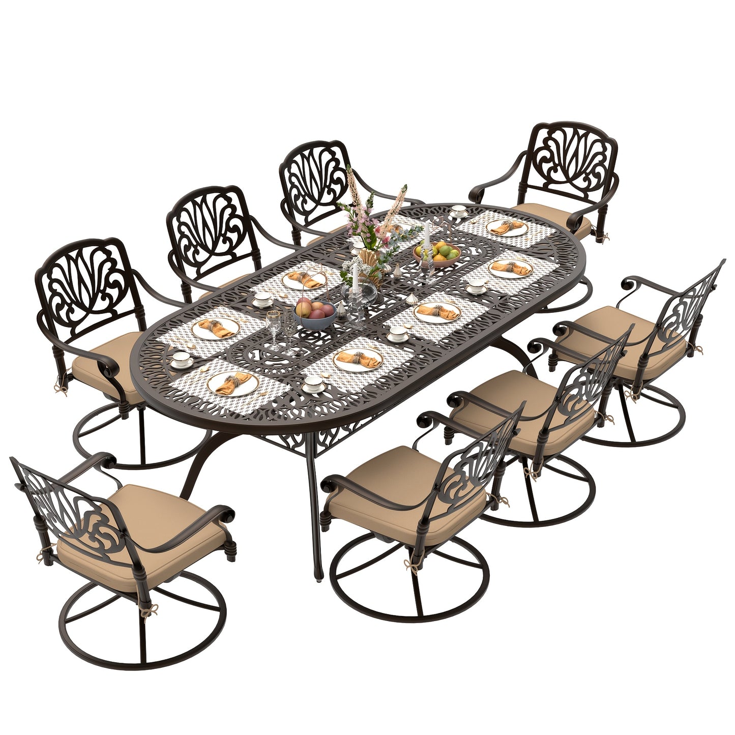 9pcs Cast Aluminum Patio Furniture, Outdoor Dining Sets for 8 Include 87" Oval Patio Dining Table And 8 Chairs with Cushions & Umbrella Hole (Bronze)