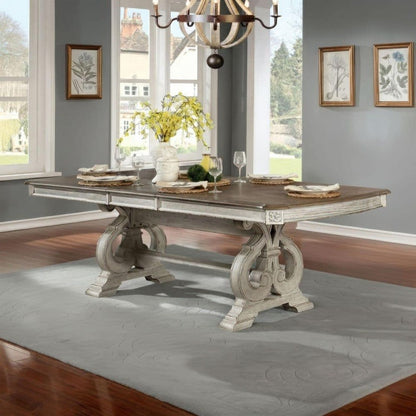 Antique White Dining Room 9pcs Set Table W/ Leaf And 6X Side Chairs 2X Arm Chairs Ivory Fabric Upholstered Seat