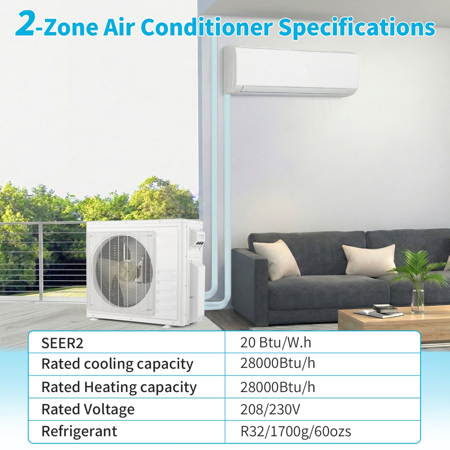 28000 BTU 2-Zone Ductless Mini Split AC/Heat Pump 20 SEER2, Pre-Charged Condenser, 9K+18K BTU Indoor Units, 2x25ft Installation Kits, Ideal for Home,