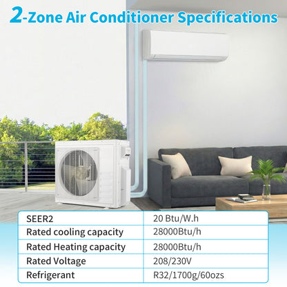 28000 BTU 2-Zone Ductless Mini Split AC/Heat Pump 20 SEER2, Pre-Charged Condenser, 9K+18K BTU Indoor Units, 2x25ft Installation Kits, Ideal for Home,