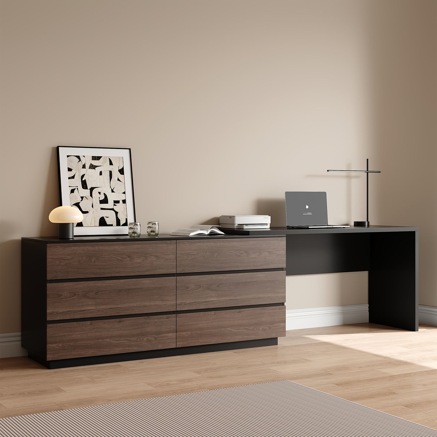 Modern Expandable Desk, 97.63-inch L-shaped Corner Computer Desk with 6 Drawers, Suitable for Home Office and Study Space, White and Khaki