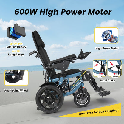 Full-Reclining Carbon Steel Frame Heavy-Duty Electric Wheelchair, Adults Elderly Foldable Power Mobility Chair, N.W. 75 Lbs, Manual Adjustment for Backrest & Leg Supports, 12Ah Lithium Battery with 9.3-Mile Range, 264 Lbs Max Load, Large Storage Bag