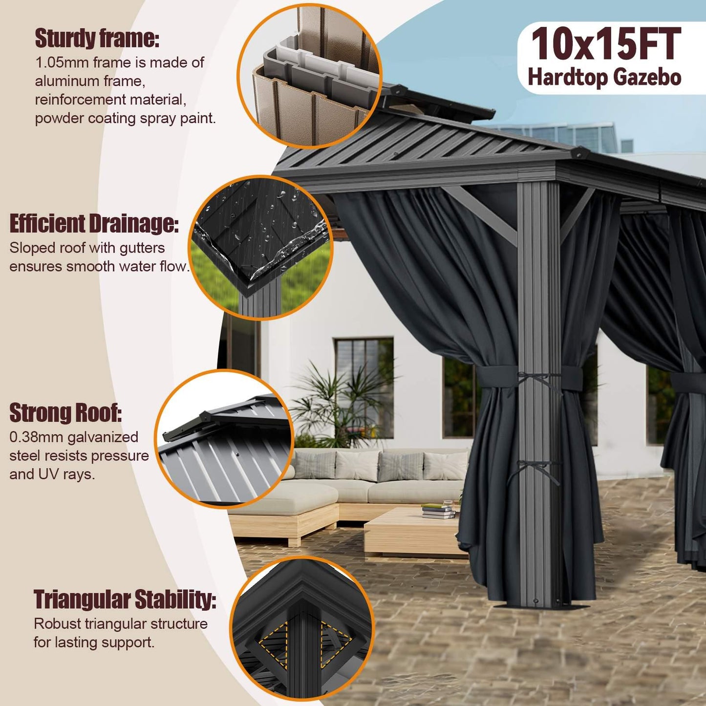 10x15ft Heavy-duty hard-roofed pavilions, outdoor pavilions for patios and backyards, heavy-duty pavilions with aluminum frames, pavilions with galvanized steel double roofs, flame-retardant curtains and mesh, thicken frames, sturdy and durable