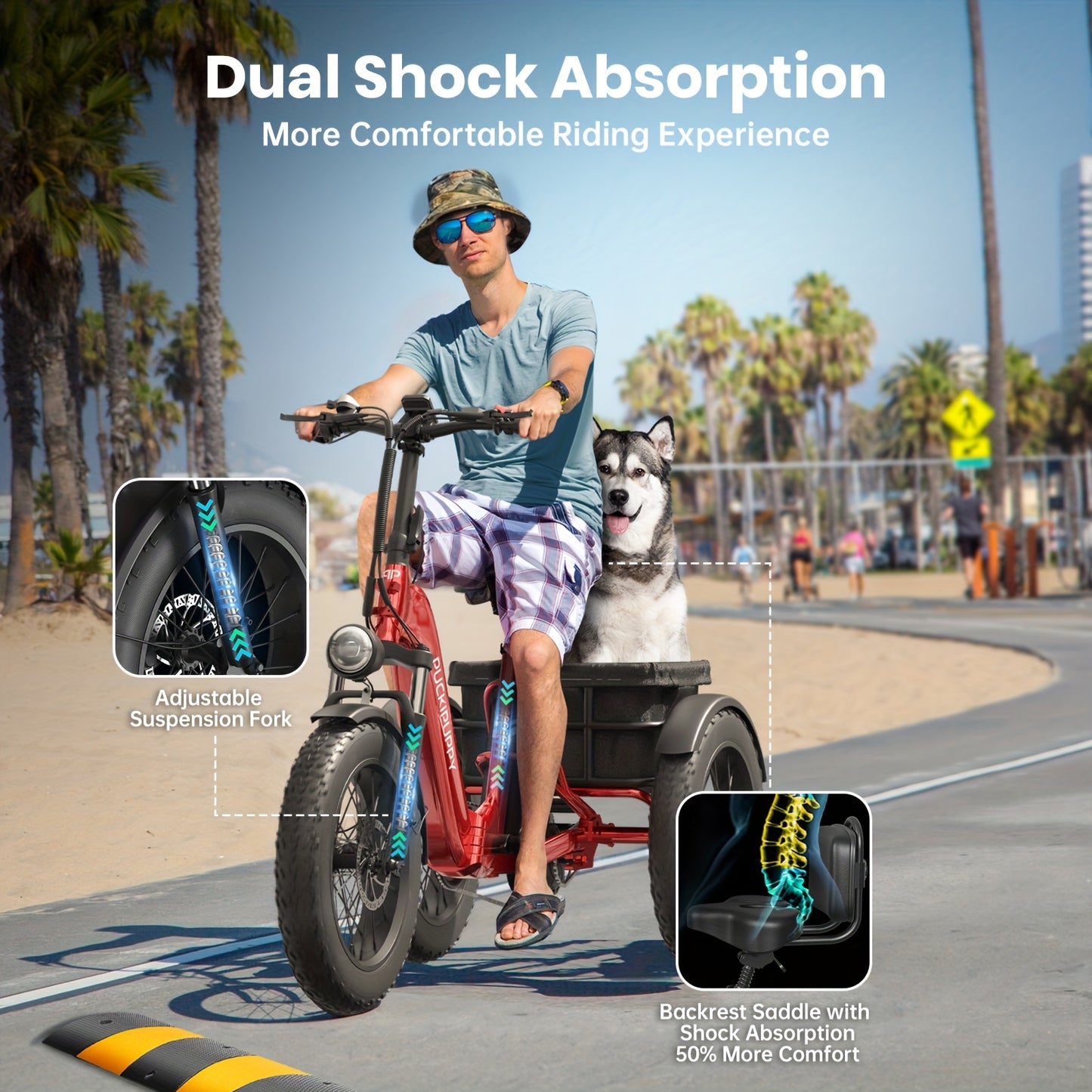 Electric Trike for Adult, Rear High-power Brushless Motor, 19MPH Commuter E-bike, 48V 18AH Cells Battery, Pickup Class 500 LB Load Electric Tricycle with 20" Tire And Large Basket, 60 Miles Range, for City And Mountain Road, Halloween Gift(Husky)