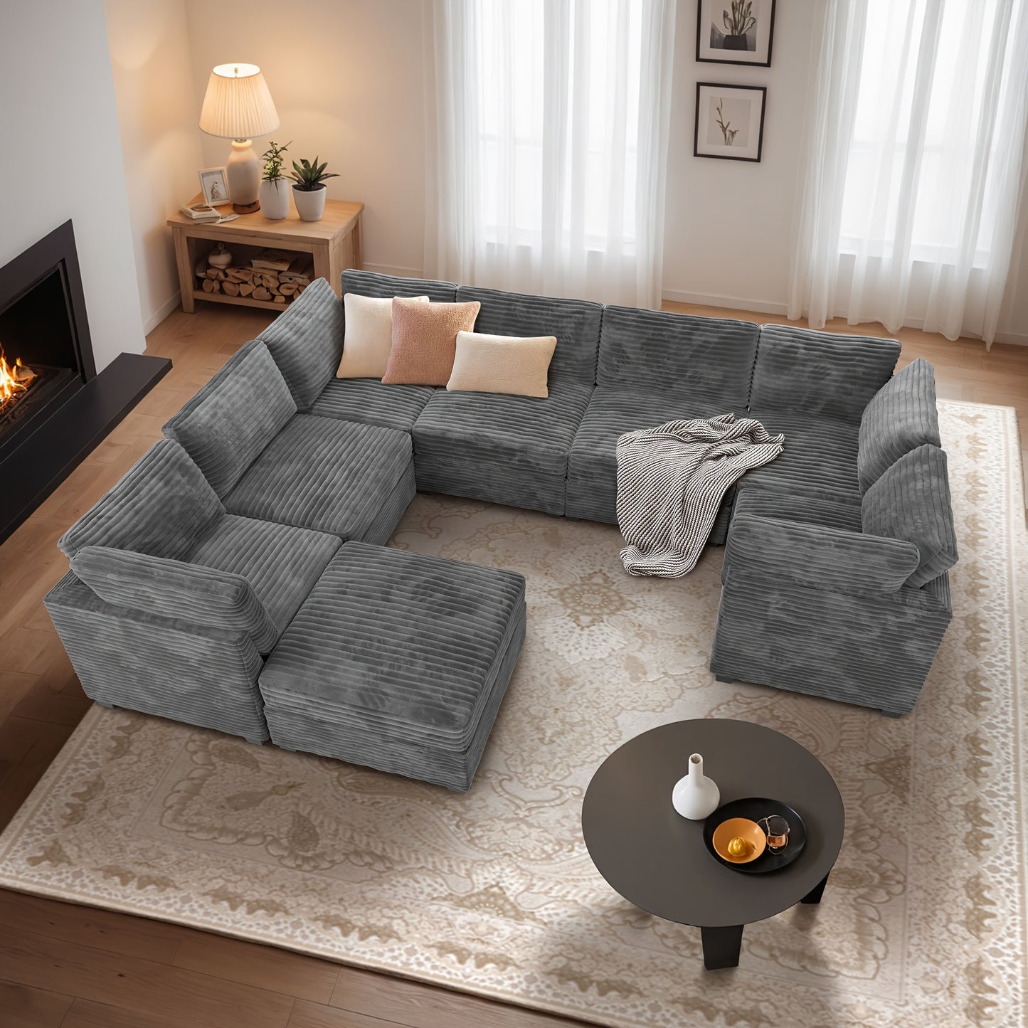 Oversized 130-Inch Plush Cound Sectional Sofa with Ottoman, 8pcs Luxurious U-Shaped Couch for Living Room, Comfortable Deep Seating and Soft Long-Pile Fabric Upholstery for Family and Friends