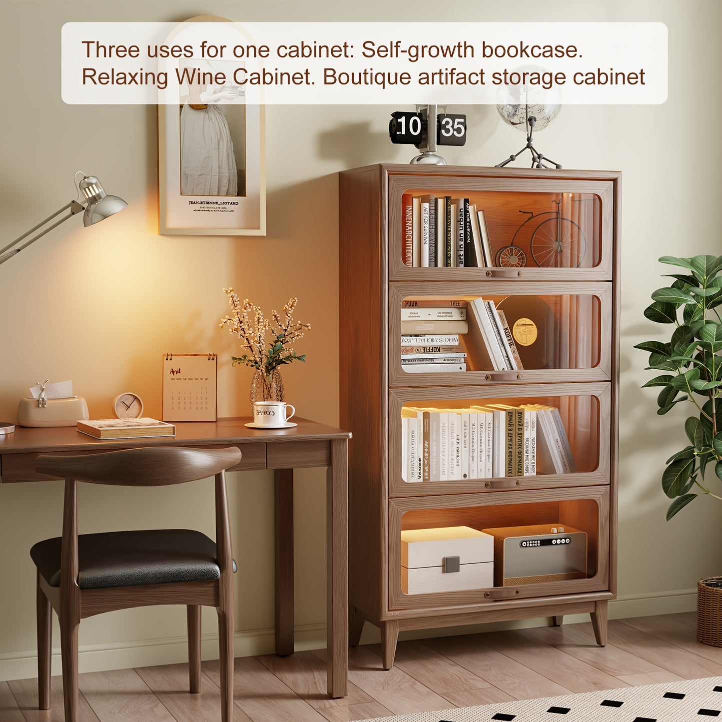Wooden Bookshelf Multi Layer Bookshelf With Tempered Cabinet Glass Door, Brown Decorative Cube Storage Box, Bookshelf Multi Functional Storage Cabinet, Suitable For Kitchen, Home, Office