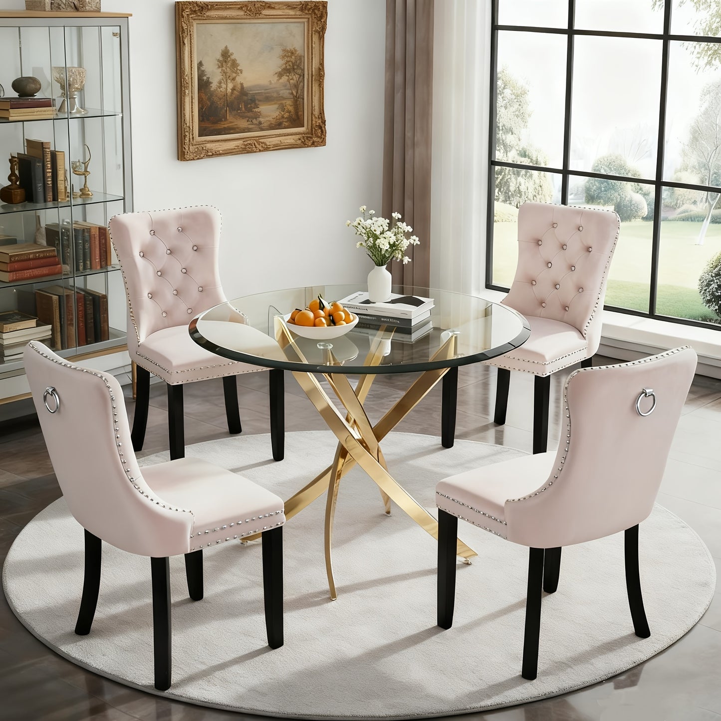 5pcs Modern Dining Table and Chair Set with Tempered Glass Table & Velvet Chairs - -Frame Base, Cushioned Seats Suitable for Kitchen, Dining Room, Small Spaces - Assembly, Contemporary Furniture (Table & 4 Chairs)