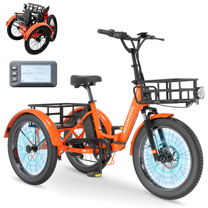 20" Fat Tire Adult Foldable Electric Trike, 500W 48V Electric Trike Motorized 3 Wheel Electric Bicycle,1 Speed Foldable Removable Battery，Home, Travel, Off-Road