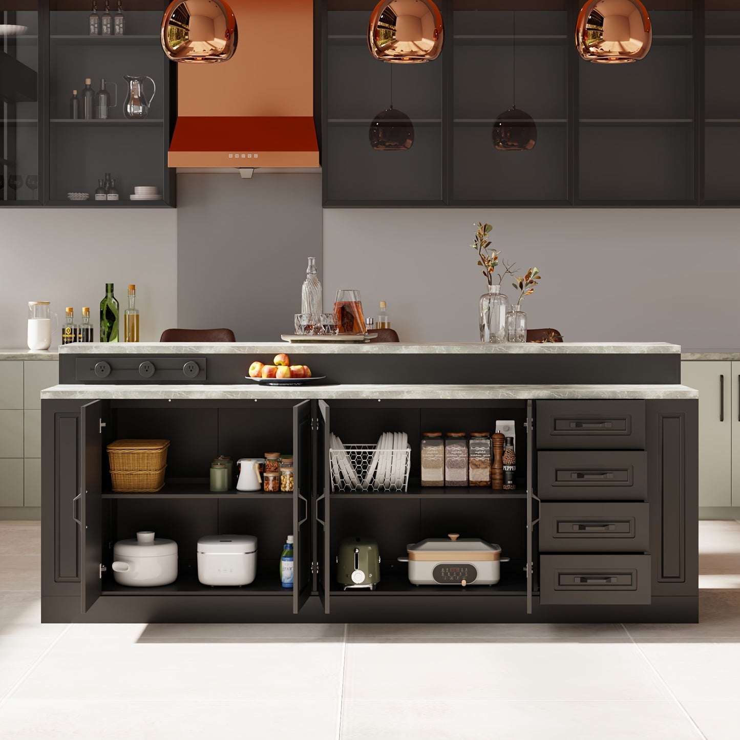 Modern 4-door Kitchen Island with 4 Spacious Drawers And 4 Shelves, Heavy-duty Kitchen Pantry Storage Cabinet with Stone Patterned Tabletop, Stationary Kitchen Table Coffee Bar Dining Table, for Dining Room, Kitchen, Stylish Design, 94, 5''L × 31, 3''D