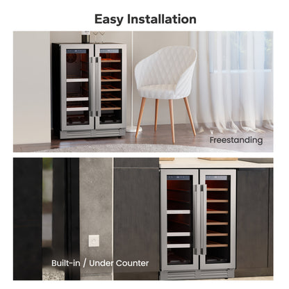 24 Inch Dual Zone Wine And Beverage Refrigerator Cooler - 60 Can And 20 Bottle LED Beverage Fridge - US 115V & Wine Refrigerator with 34°F -54°F Temperature Control, Beverage Cooler Built In Or Freestanding, Perfect for Home/Kitchen(4.10 Cu.ft)