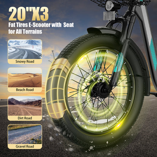 Adults Off-Road Electric Scooter with Seats, 500W Motor & 7800mAh Lithium Battery, 30Miles Range & 20MPH Top Speed E Scooter for Commuting, 20" X 3" Off-Road Tires, Front Shock Absorber, Adjustable Electric Scooter for Adults