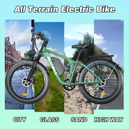 Bluvall 740W Adult Electric Bike with Dual Motor 80NM Torque & 48V/52V 22.4AH Removable Battery - 26" All-Terrain Tire Mountain Bike, 30-Mile Range, 7-Speed, Front/Rear Motor, 15-20MPH Speed, 300lb Capacity, 40-Mile Range, Disc Brakes & Susp