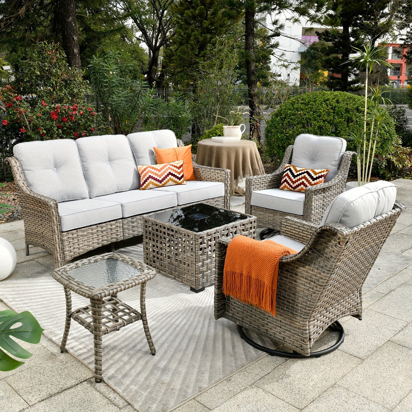 5pcs Outdoor Patio Furniture Set with 2 Swivel Chairs, 1 Outside Sofa, 1 Side Table and 1 Solar Lighting Glass Coffee Table - All-Weather Wicker Patio Conversation Set Modern Design for Garden, Deck, and Porch Decor
