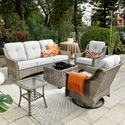 5pcs Outdoor Patio Furniture Set with 2 Swivel Chairs, 1 Outside Sofa, 1 Side Table and 1 Solar Lighting Glass Coffee Table - All-Weather Wicker Patio Conversation Set Modern Design for Garden, Deck, and Porch Decor