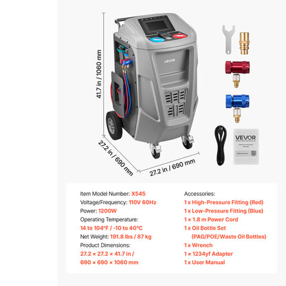 Fully Automatic Refrigerant Recovery Machine for 1234yf, ≥98.5% Accuracy, 7-Inch Touch Screen, AC Recovery, Vacuum, and Recharging Machine for Standard and High Voltage Automotive A/C Systems