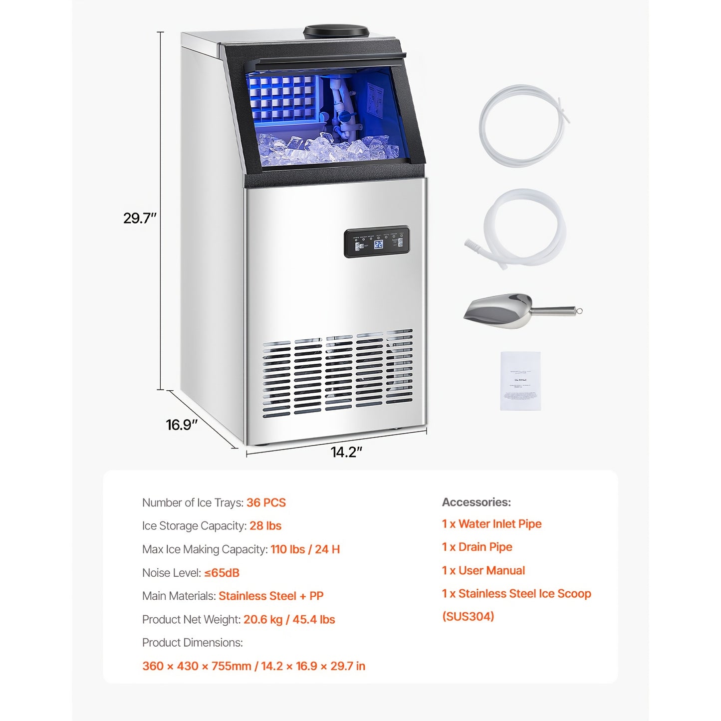 Commercial Ice Maker Machine 70/110/150/440lbs/24H, 33lbs Storage & 45 Cubes/15 Min, Dual Water Inlets, 120V US Plug, LED Display & Self-Cleaning for Bar Restaurant Office