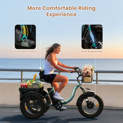 Adult Electric Tricycle, 20" Fat Tire Foldable Electric Tricycle with 749W Brushless Motor, 36V 15Ah Removable Battery Ebike 55Miles Range, 19MPH Cargo Tricycle with Basket, Suitable for Farm Work/Commuting/Travel