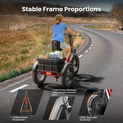 Electric Trike for Adult, Rear High-power Brushless Motor, 19MPH Commuter E-bike, 48V 18AH Cells Battery, Pickup Class 500 LB Load Electric Tricycle with 20" Tire And Large Basket, 60 Miles Range, for City And Mountain Road, Halloween Gift(Husky)