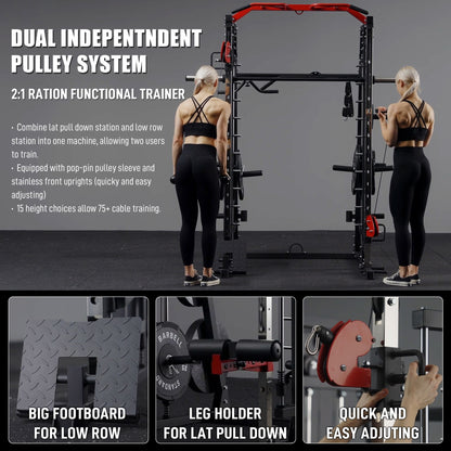 Home Gym with a Smith Machine, Featuring a 2200 Lbs Power Rack Cage, Cable Crossover, Weight Bar, 360° Landmine, Barbell Holders, And Various Attachments for Comprehensive Body Strength Training