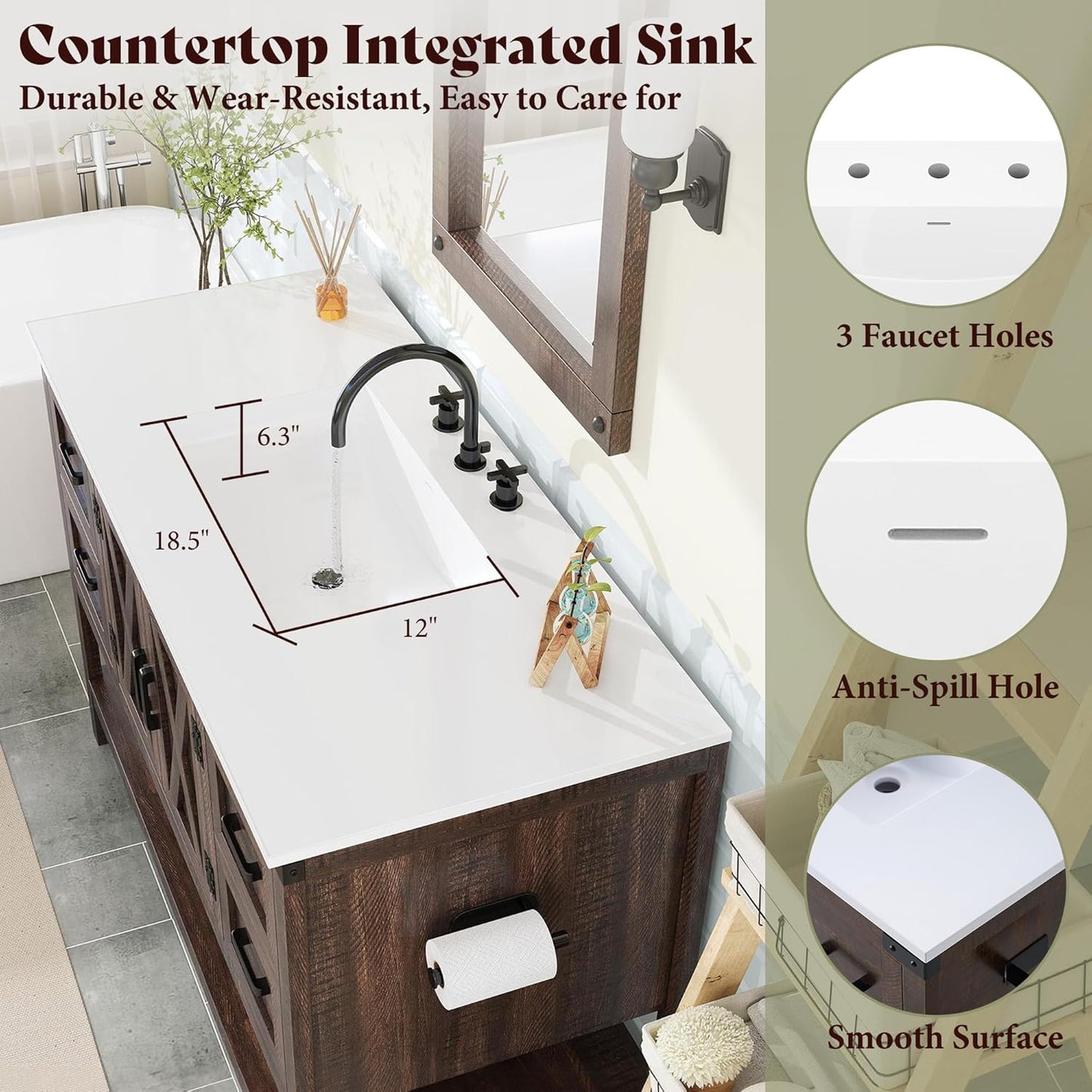 48 Inch Modern Farmhouse Bathroom Vanity with Barn Door Cabinet & 4-Drawer Storage - & Wood Tone Freestanding Sink Unit, Engineered Wood/MDF Suitable for Bathrooms