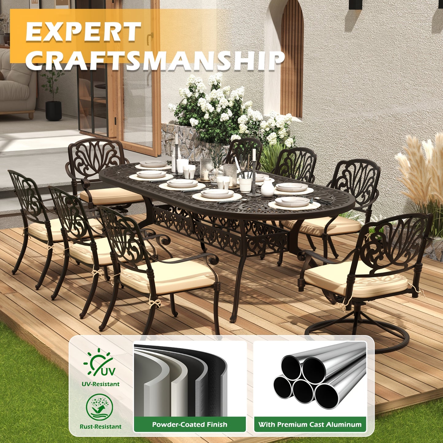9pcs Cast Aluminum Patio Furniture, Outdoor Dining Sets for 8 Include 87" Oval Patio Dining Table And 8 Chairs with Cushions & Umbrella Hole (Bronze)