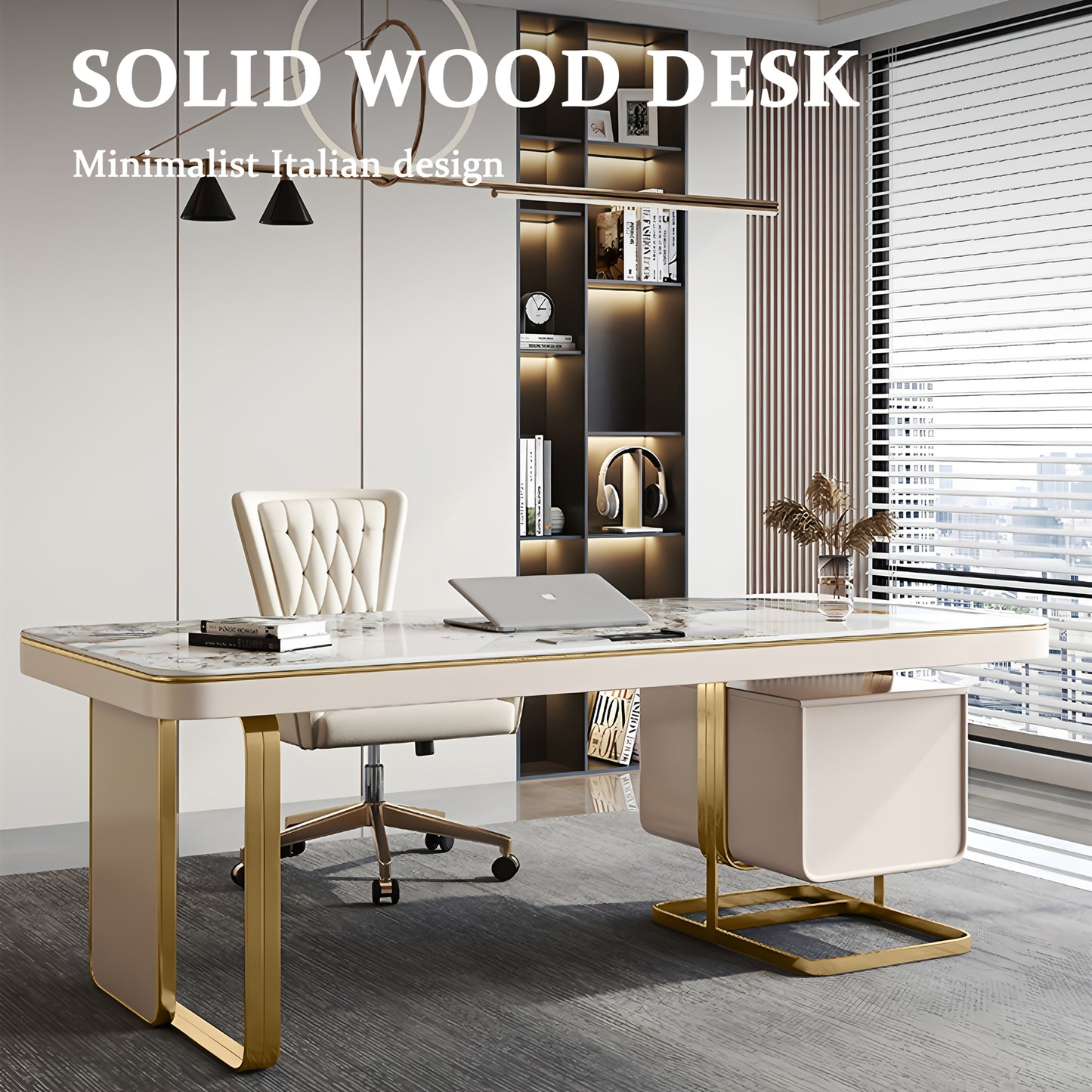 Luxury Marble Top Desk with Golden Frame - Modern Minimalist Writing Table Suitable for Home Office, Study Room, Bedroom, Marble Tabletop & Golden Frame, Assembly, Space-Saving for Small Spaces, Assembly Required