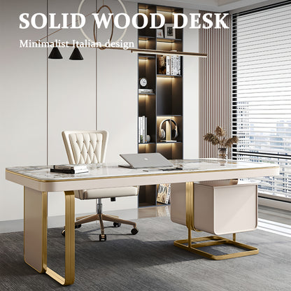Luxury Marble Top Desk with Golden Frame - Modern Minimalist Writing Table Suitable for Home Office, Study Room, Bedroom, Marble Tabletop & Golden Frame, Assembly, Space-Saving for Small Spaces, Assembly Required
