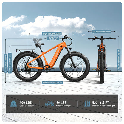 1 Electric Bike For Adults | Rear High-power Brushless Motor, 26" Fat Tire, 48V 15AH Removable Battery, Aluminum Frame with Rear Storage Shelf, Suitable for Outdoor Off-road and Urban Commuting | Orange, PUCKIPUPPY, Disc Brakes