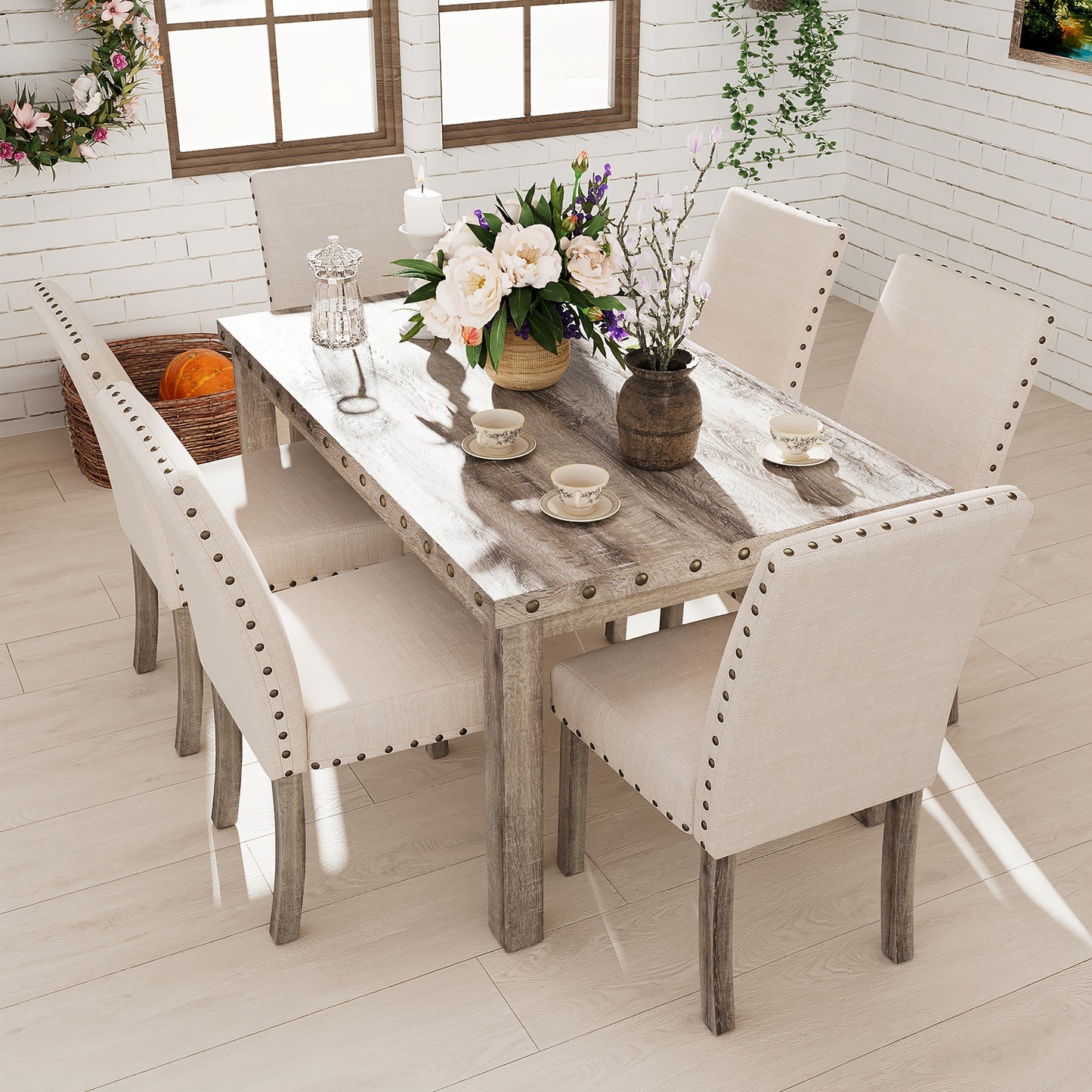 Morden Fort Rustic Dining Table Set, Farmhouse Kitchen Dining Chairs, Charming 60" Rectangular Wooden Table& Upholstered Chair With Nailhead Accents For Dining Hub, Breakfast Nook