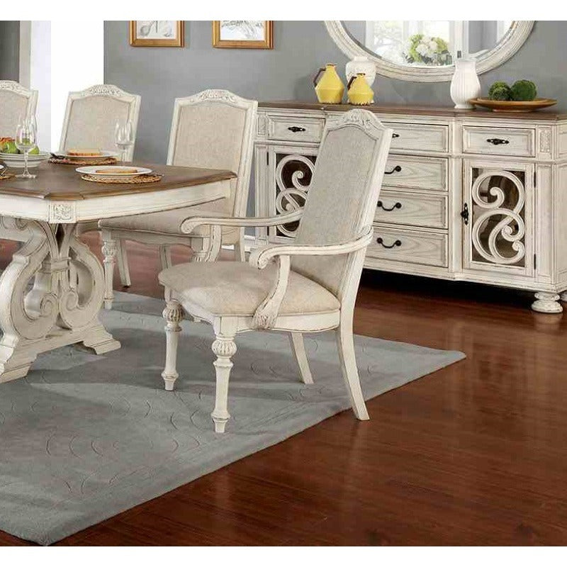 Antique White Dining Room 9pcs Set Table W/ Leaf And 6X Side Chairs 2X Arm Chairs Ivory Fabric Upholstered Seat